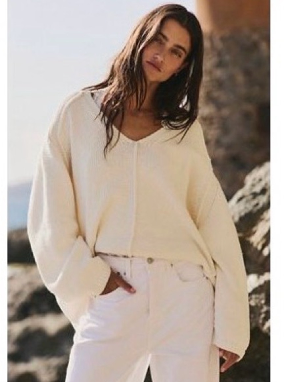 NWOT We the free women’s Monarch Pullover, Women’s Cream V-Neck Knit Sweater